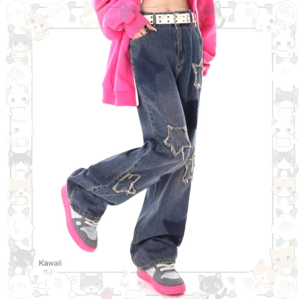 Star Patchwork High Waisted Straight Leg Jeans Pr… - image 2